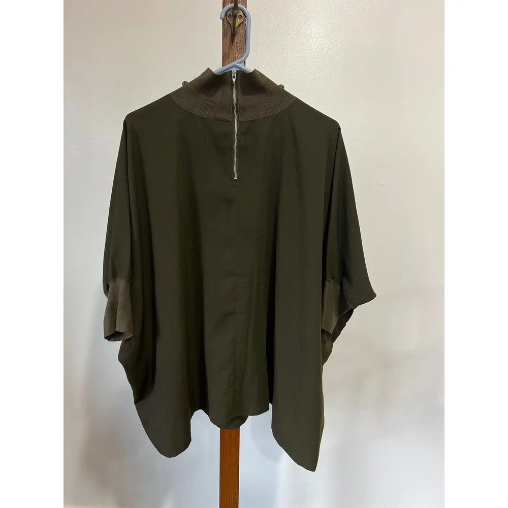 Babaton Olive Green Mock Neck Poncho Capelet Top Ribbed Trim Back Zip Workwear M